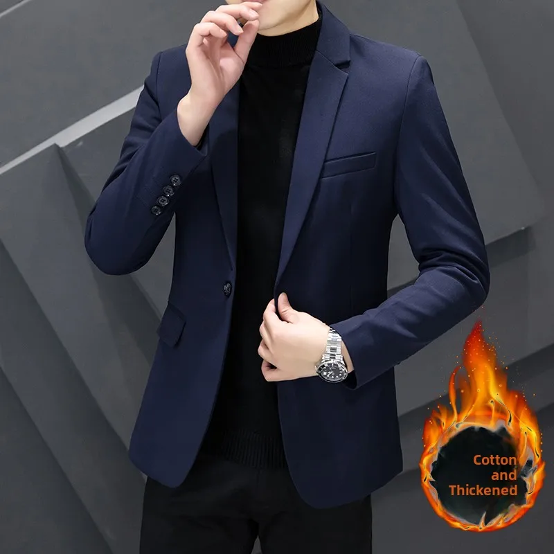 

Thiened Cotton Casual Men's Suit Jaet Busin Sle Autumn Winter Faion Ci Youth Seven Sve Long Regular Fit Coat