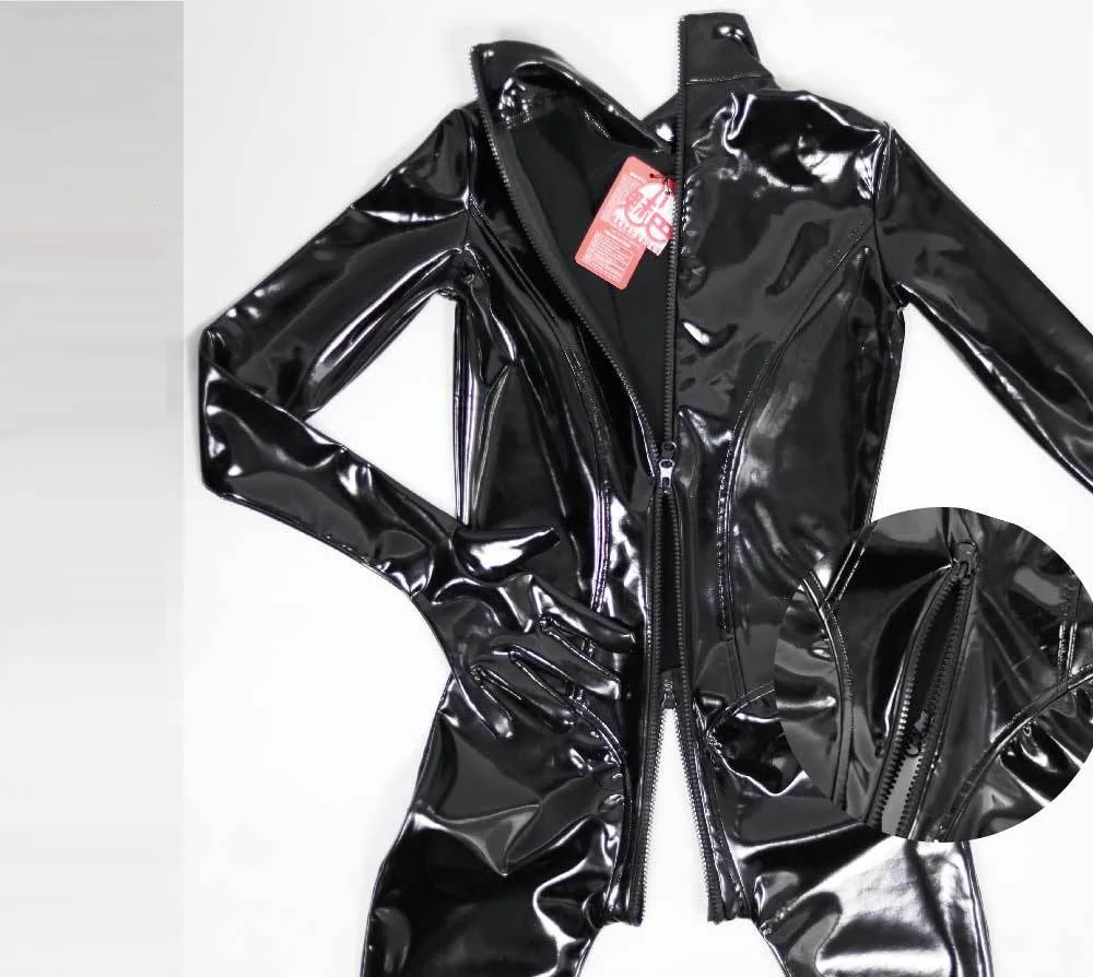 Shiny PVC Leather Jumpsuit Women\'s Zipper Open Crotch Tights Seductive Long Sleeve Separate Fingers Bodysuit Sexy Cosplay