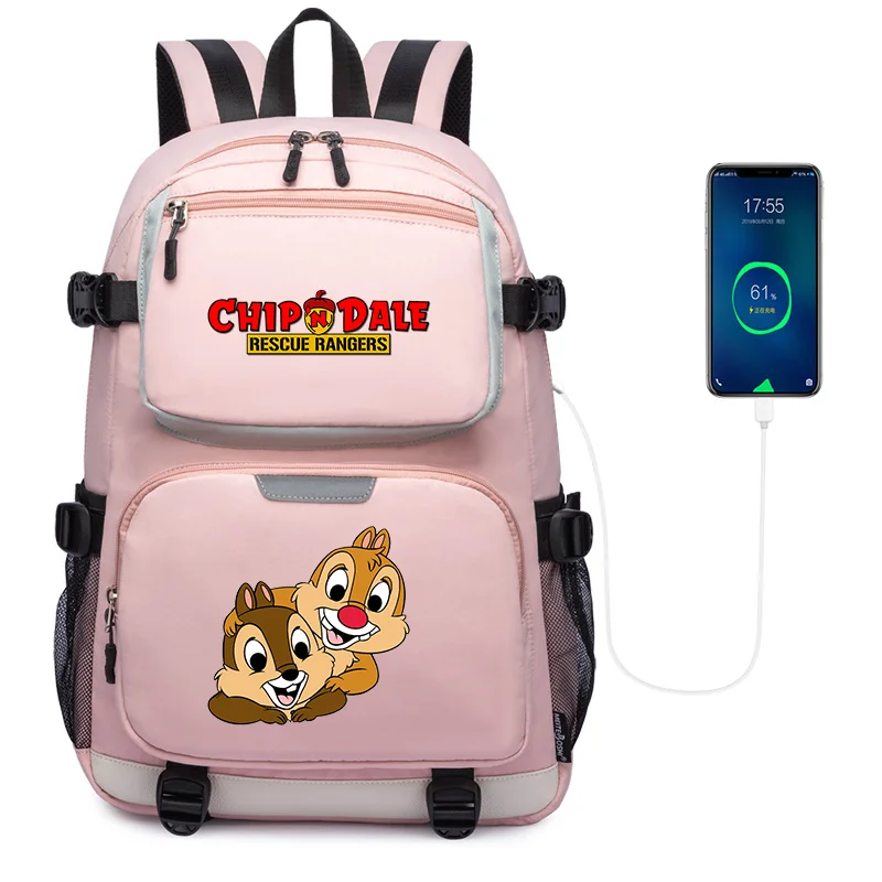 Disney Cartoon Chip n Dale Backpack Anime USB Large Capacity Teenagers Schoolbags Women Men Laptop Travel Bags Mochila