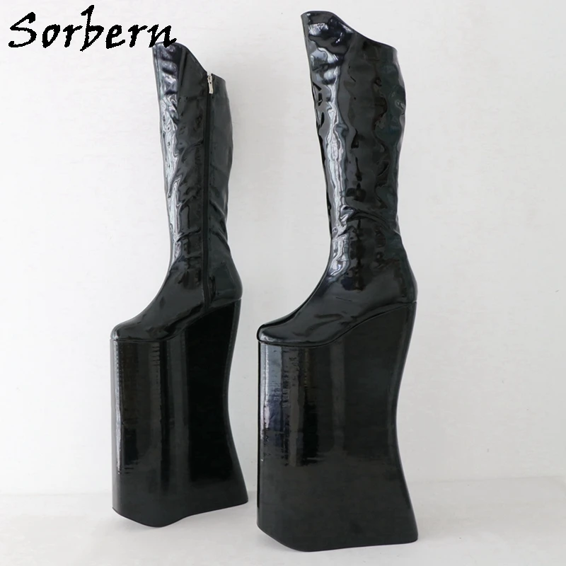 Sorbern Knee Drag Queen 40cm Wedge Boot Women Patent Black Punitive Shoes Zip Up Thick Platform Crossdreser Boots Custom