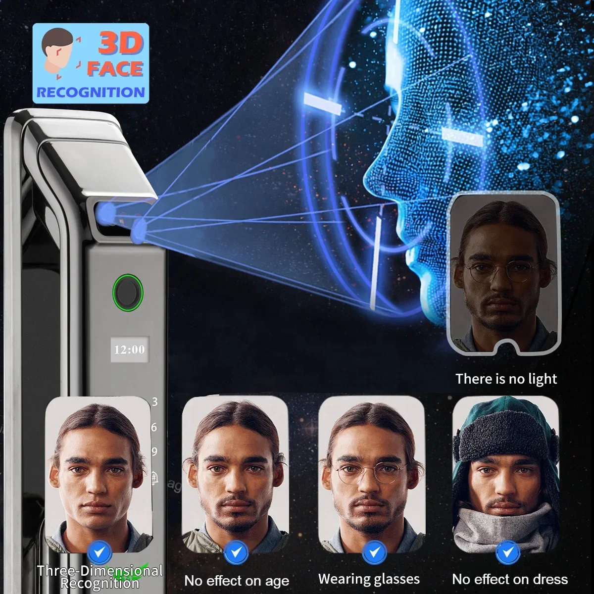 Keyless Security Digital 3D Face Recognition Biometric Fingerprint Access Front Door Lock Smart Wifi APP Gate Door Lock