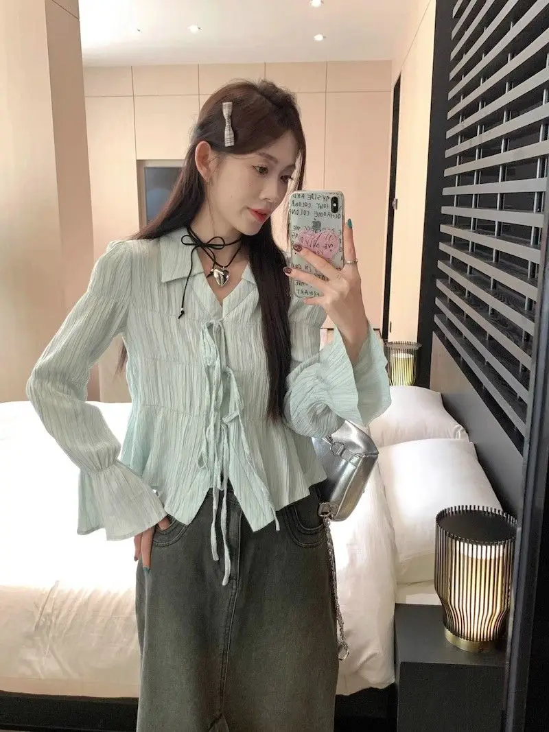 

Рубашка с длинными рукавами с ремешком и рогом, новинка весны 2024, тонкая рубашка с V-образным вырезом во французском дизайне, тонкий топ