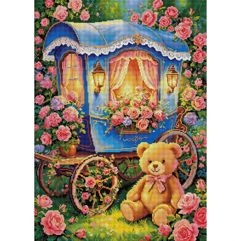 DIY 5D Diamond Painting, Teddy Bear Beside Blue Carriage In Rose Garden, Hobby for Home Wall Decor, Ideal Gift for Art Lovers