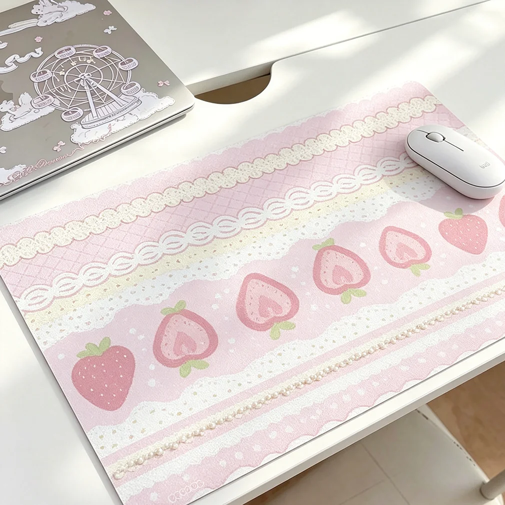 Light Pink Strawberry Cake Cream Apple Stripe ins Leather Desk Pad Protector Y2K Mouse Pad Office Desk Mat PU Desk Blotter Pad