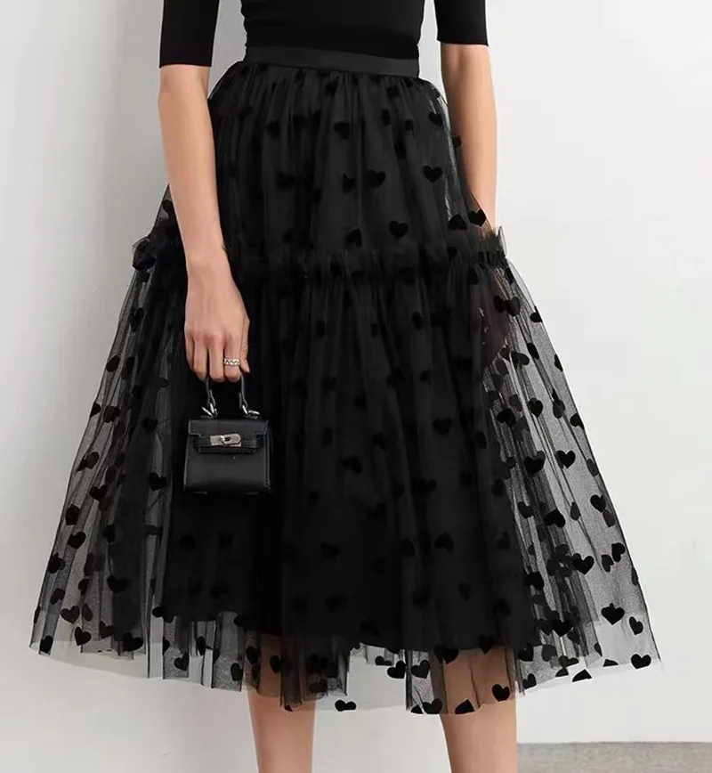 High Waist Flocking Heart Skirt Solid Color Pleated Mesh Skirt A-line Long Skirt with Elegant Temperament Petticoat Underskirt