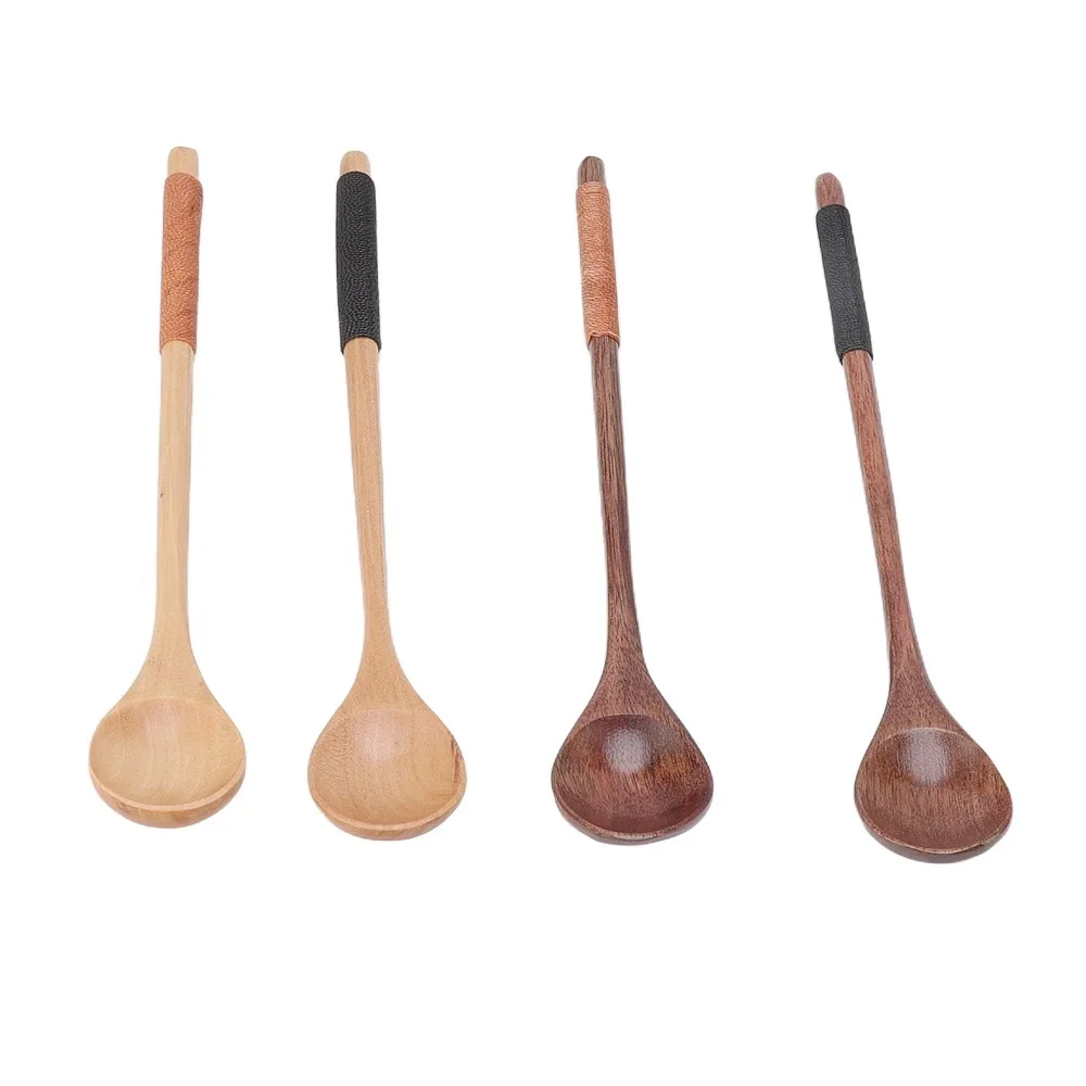 4Pcs Wood Main Body Coffee Spoon Thread Wrapped Handle Smooth Polished Stirring Scoop Solid Anti Slip Hand Grip Utensil