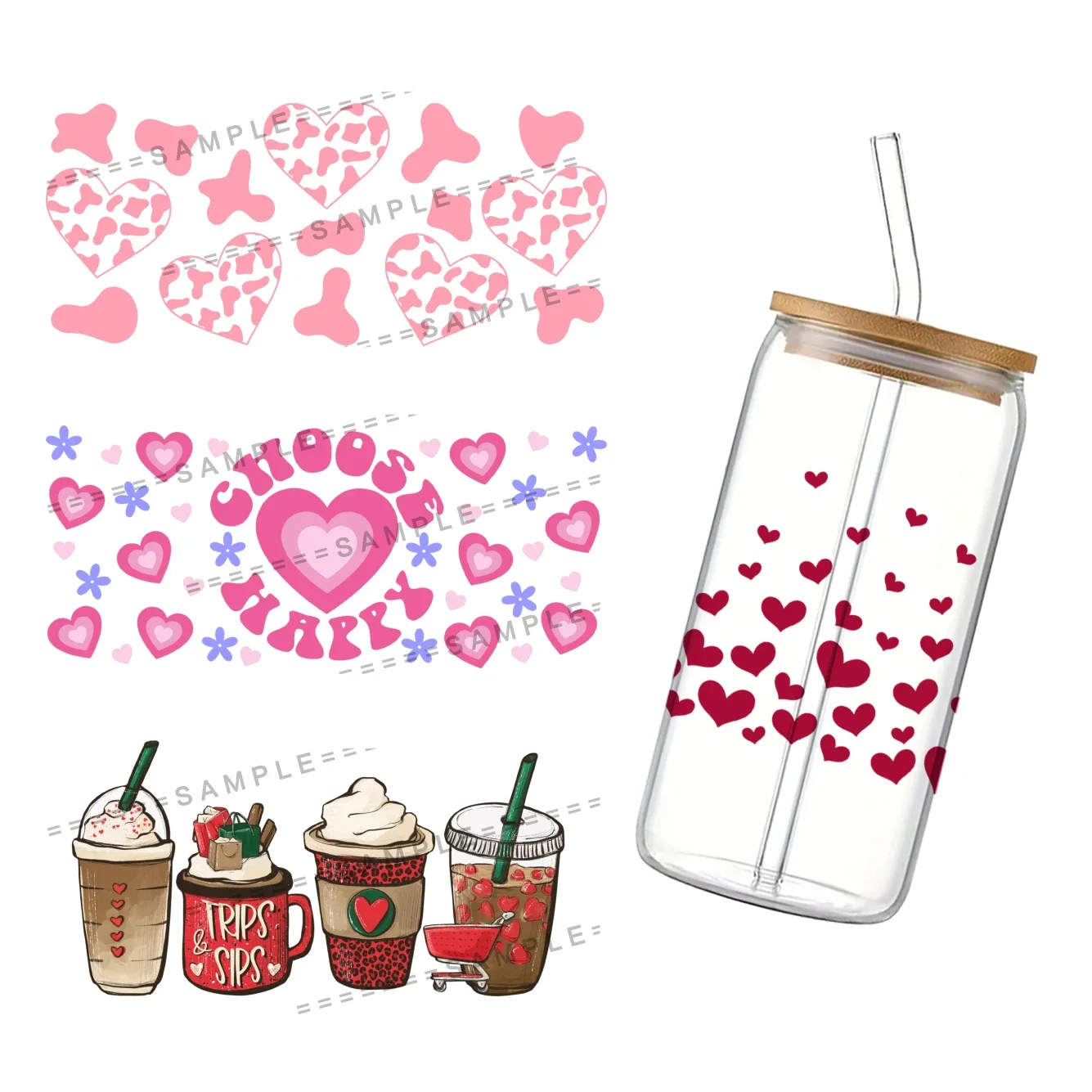 Avvolgitore per tazza UV DTF con cuore colorato per San Valentino per l'adesivo di trasferimento fai-da-te per lattina di vetro Libbey da 16 once