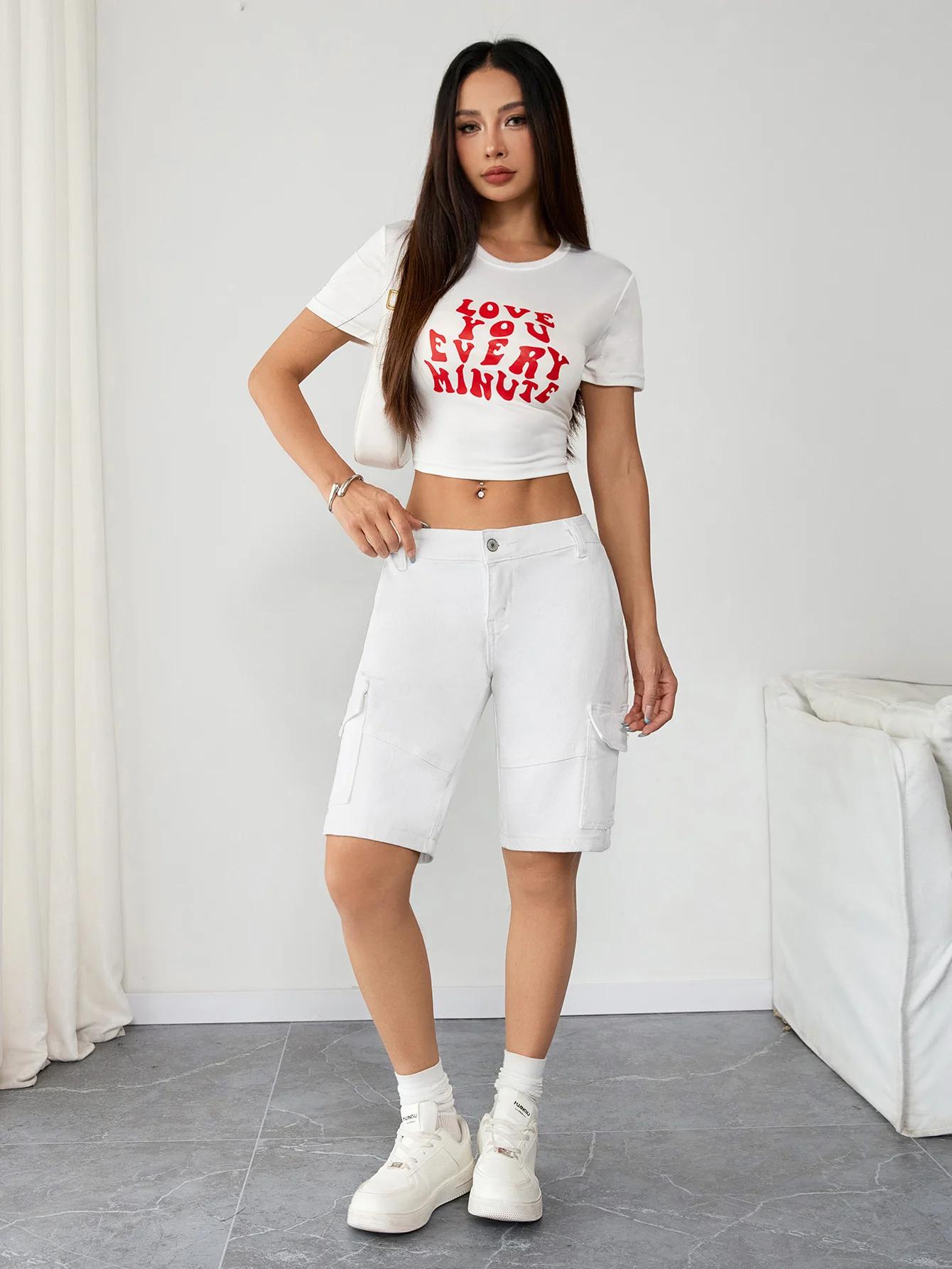 Calça jeans cargo feminina estilo rua cintura alta calça jeans casual de comprimento médio