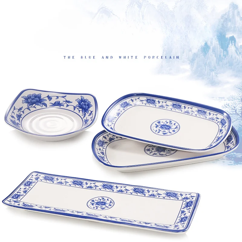 

Chinese Style Blue And White Melamine Tableware Rectangular Thickened Plate