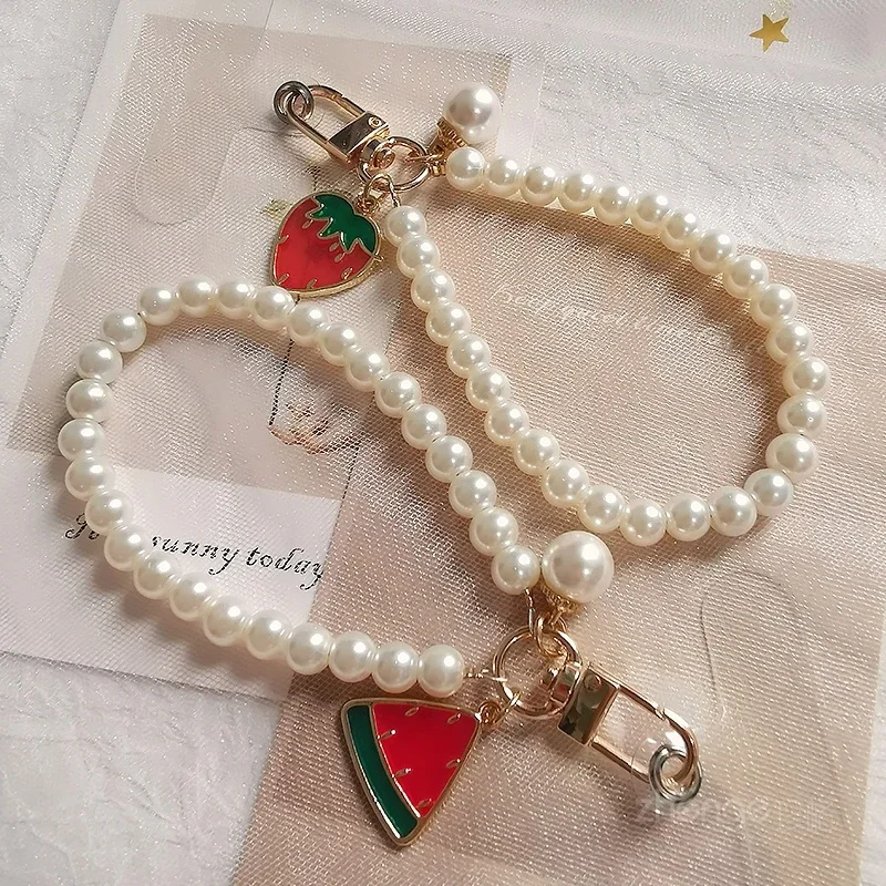 Mobile Phone Lanyard Watermelon Slice Pearl Short Wrist Strap with Handmade Beaded Chain Gasket Style Phone Universal Lanyard