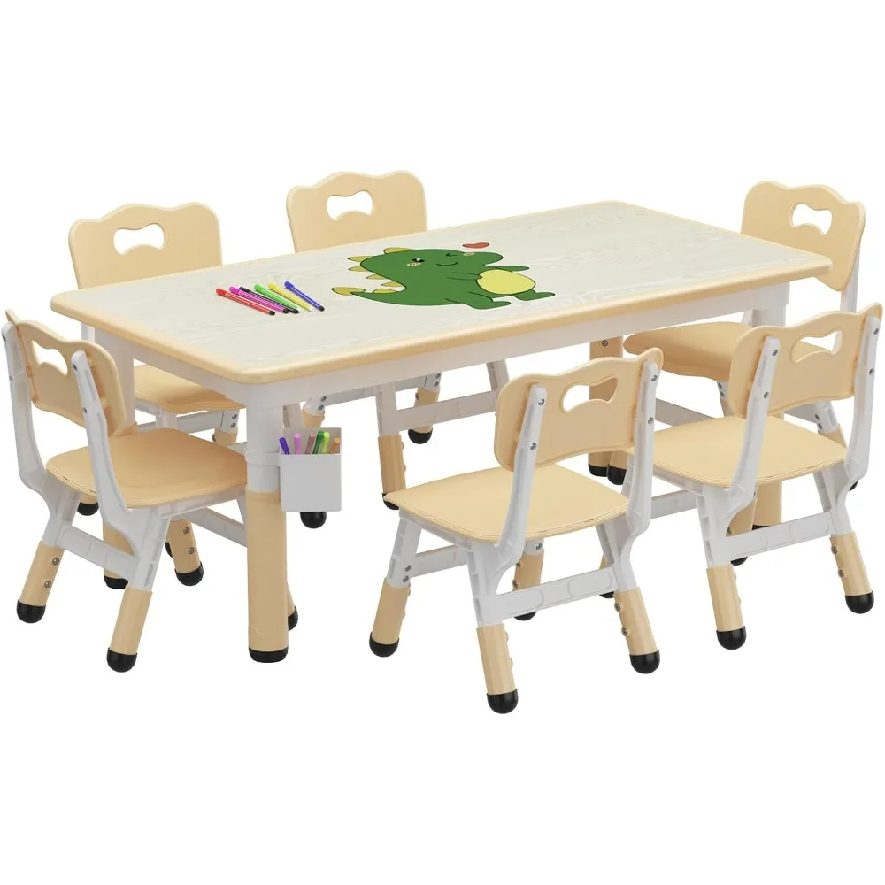 

Kids Table and 6 Chair Set with Storage Box, Height Adjustable Toddler Table and Chairs Set for Ages 2-10, Graffiti Desktop, No