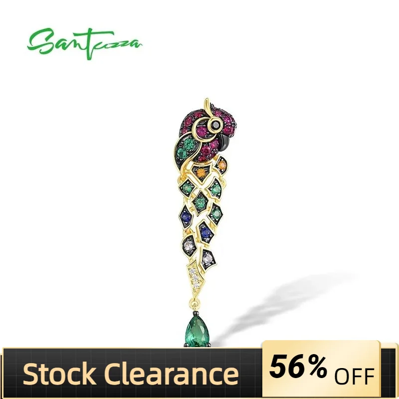 

SANTUZZA Genuine 925 Sterling Silver Pendant For Women Gold Color Green Spinel Colorful Stones Parrot Bird Animals Fine Jewelry