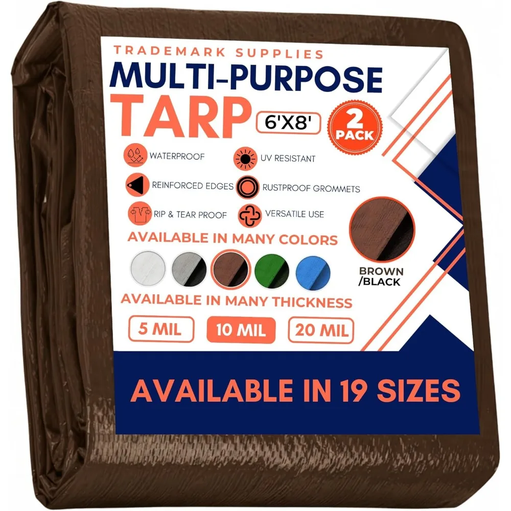 

Heavy Duty Waterproof Tarp 10 Mil Thick with Grommets for Canopy, Boat, RV Cover - 6' x 8' 2 Pack