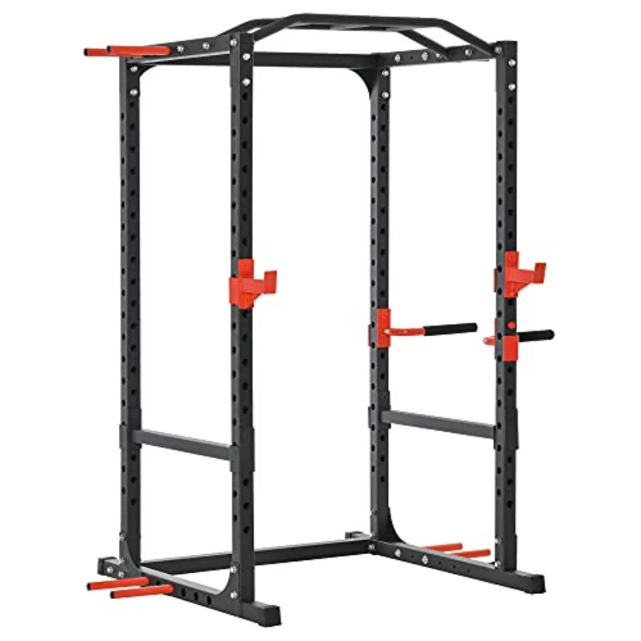 Home workout power tower with adjustable dip station pull-up bar squat rack and power cage for upper body strength training; bl
