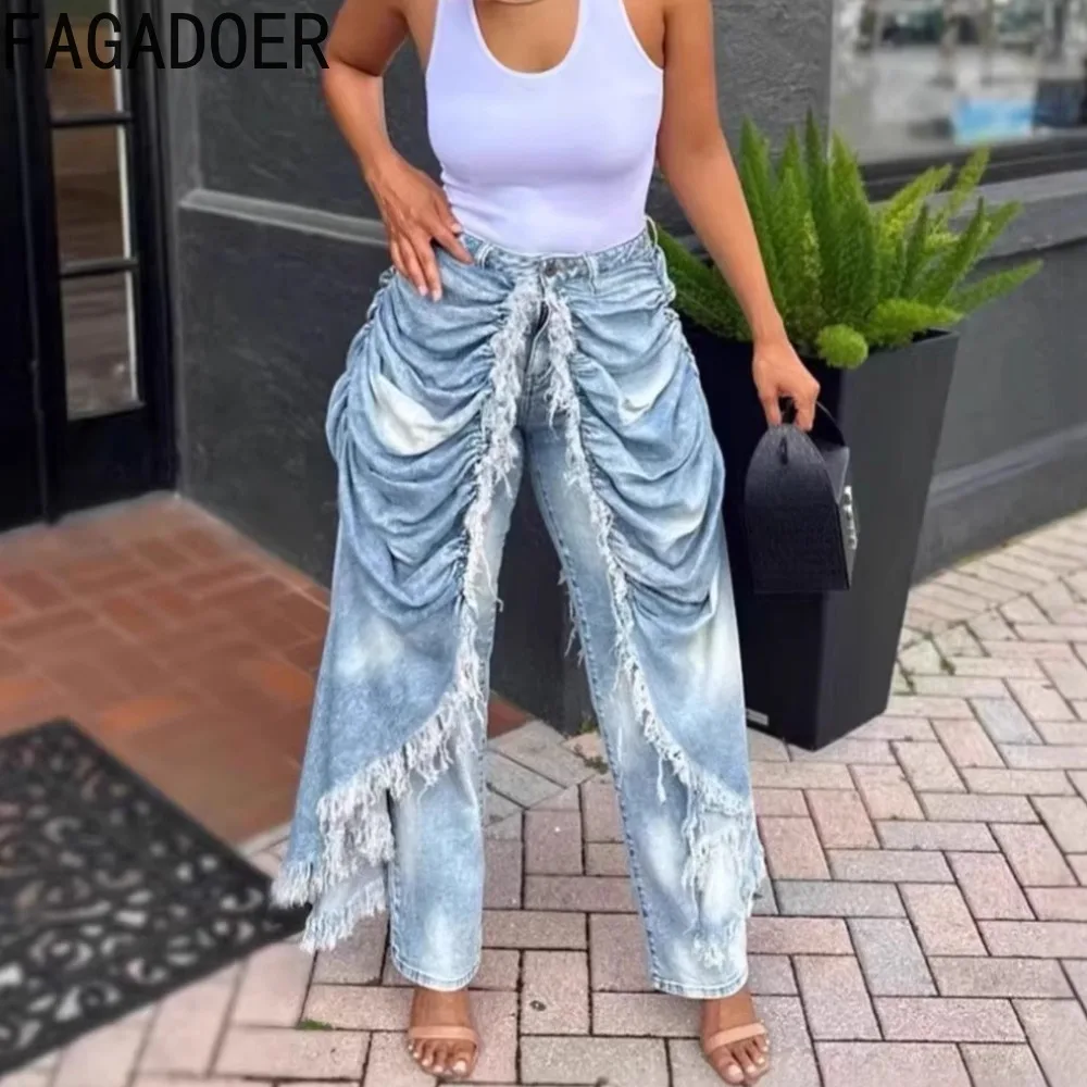 

FAGADOER Vintage Fashion Tassel Ruched Patchwork Denim Pants for Woman Solid Color Bodycon Jeans Female Streetwear Bottoms 2026