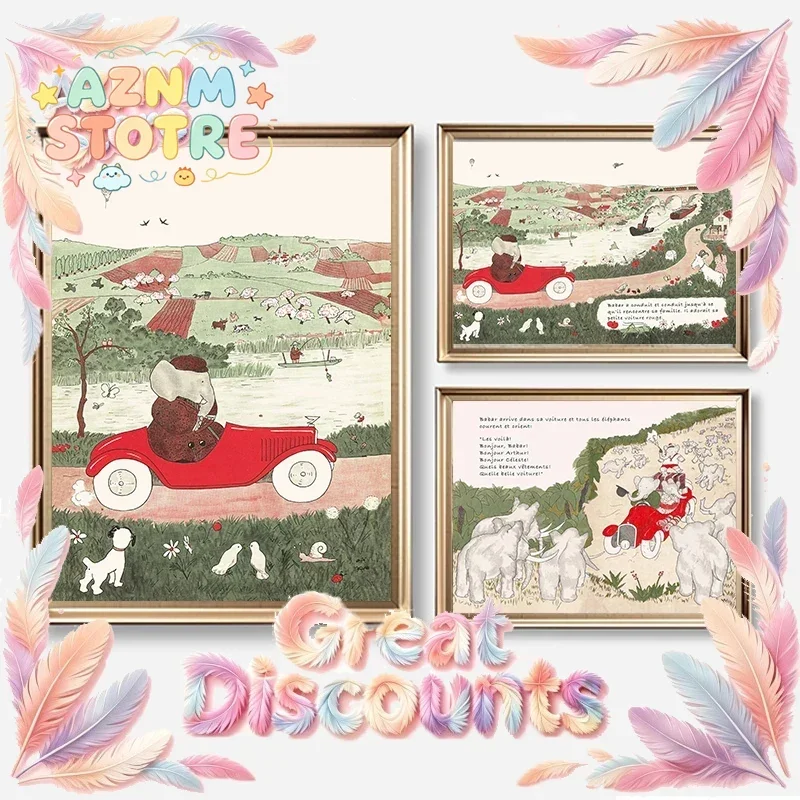 Babar The Elephant Vintage French Fairy Tales Poster and Prints Canvas Printing Wall Art Picture for Living Room Home Decor G