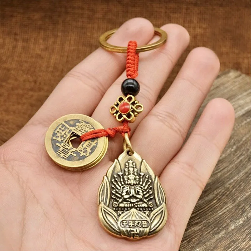 Vintage Brass Eight King Kong Guardian Keychain Creative Braided Rope Qing Dynasty Five Emperors' Coins Lettering Card Copper Go