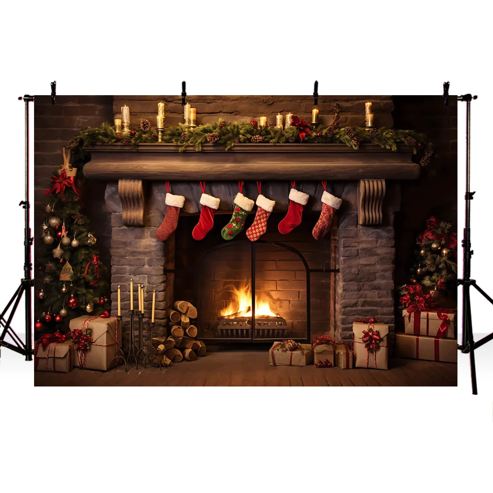 Mocsicka Photography Backdrops Christmas Decoration Background Xmas Tree Red Wooden Door Children Adults Portrait Photo Studio