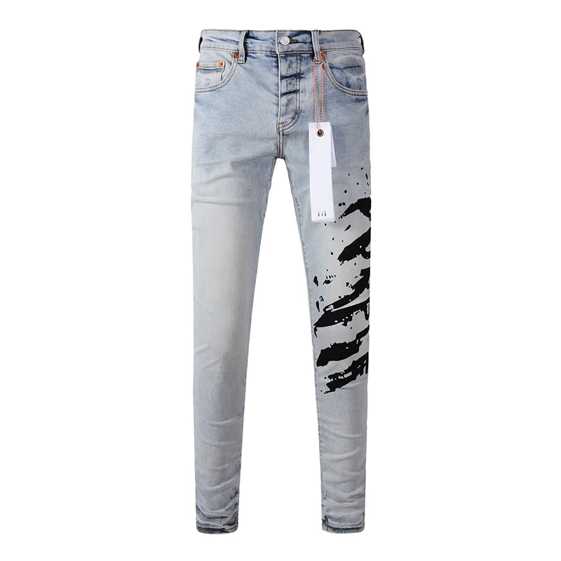

Men's Light Blue Distressed Skinny American Streetwear Purple Washed Letters Printed Brand Ripped Jeans
