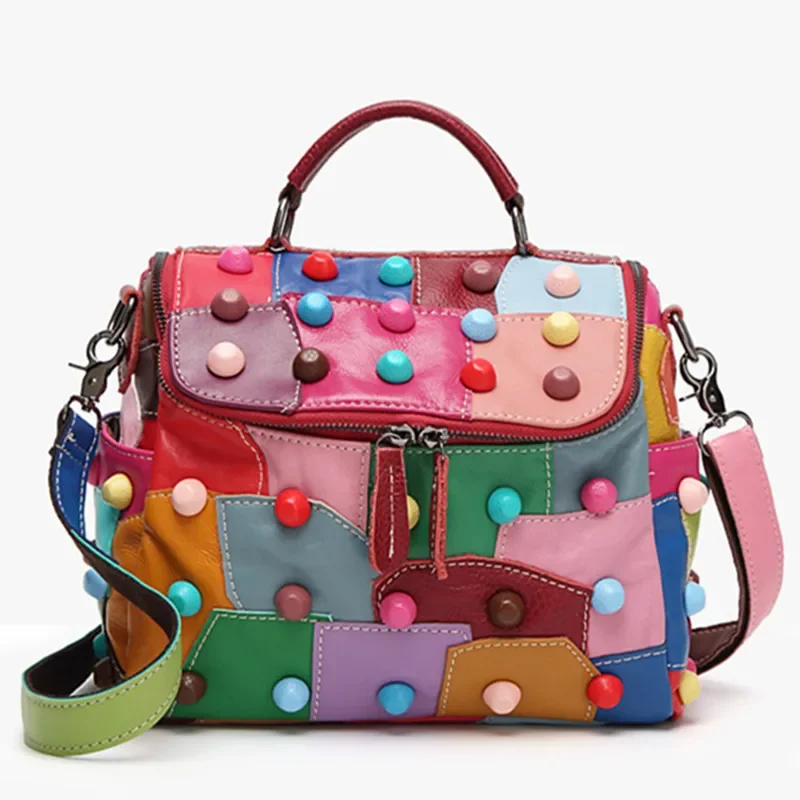 100% Genuine Leather Lady Bag First Layer Sheepskin Stitching Fashion Rivets Bag Ladies Handbag Retro Shoulder Cross Body Bags