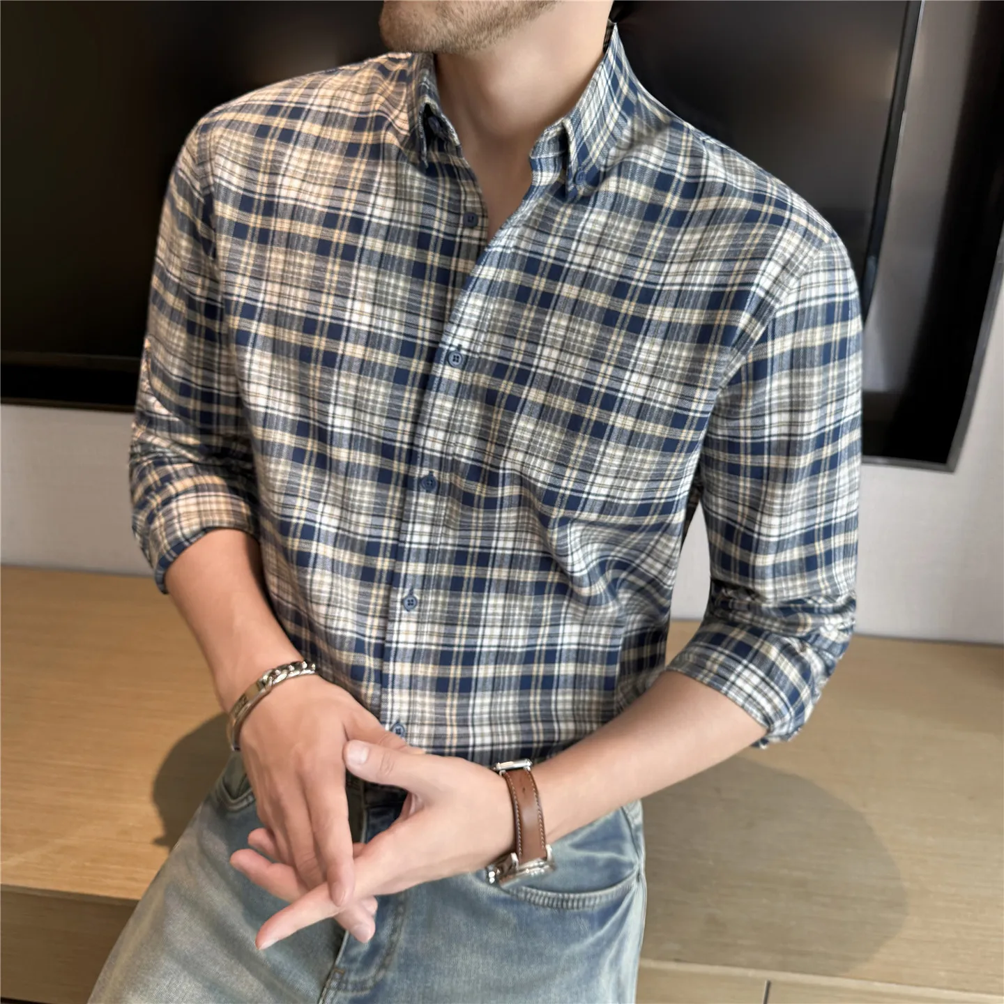 

Autumn Winter 100% Cotton Brushed Plaid Shirt for Men Thickened Warm Long Sleeved Slim Fit Shirt Casual Business Dress Shirts