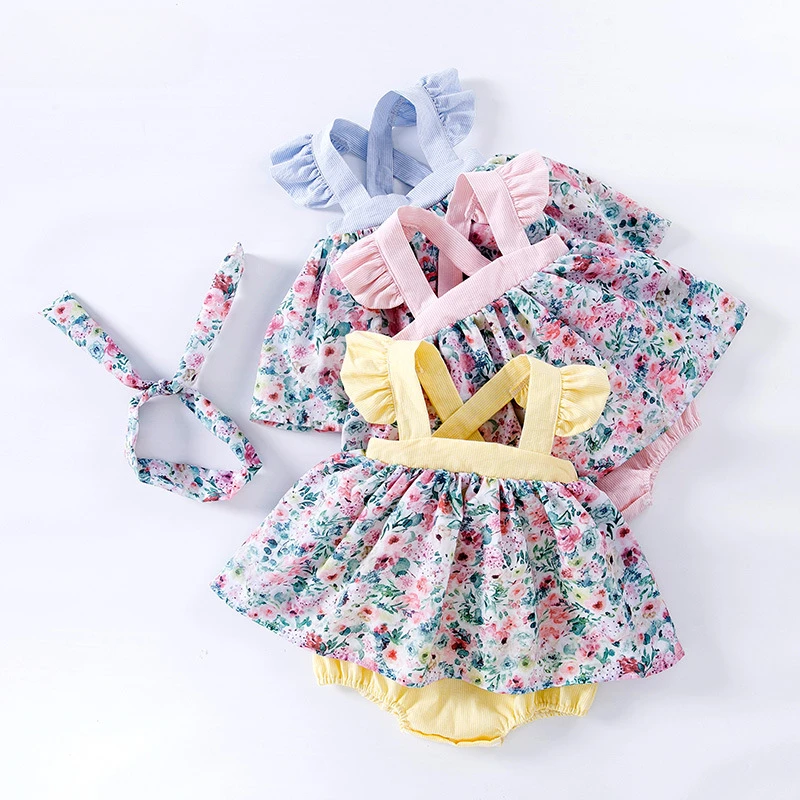 

Baby Princess Skirt Girl Baby Harper Skirt Fashionable Fragmented Flower Back Cross Strap Wrap Fart Hair Accessories 2-piece Set