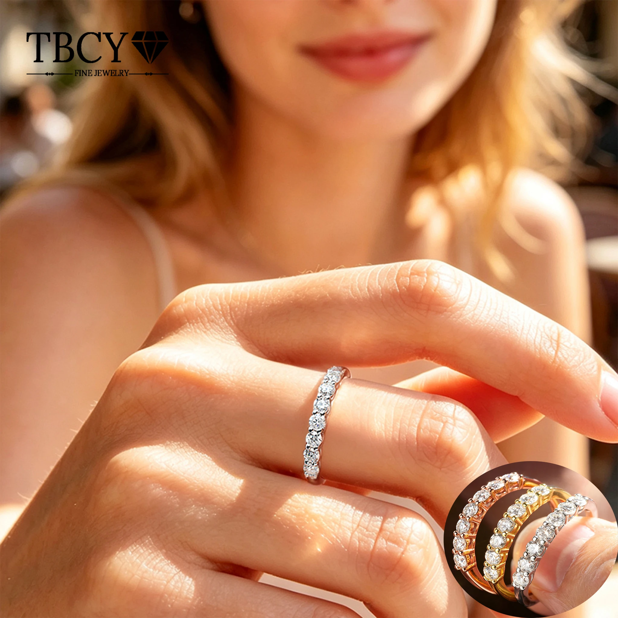 TBCYD Moissanite Ring S925 Sterling Silver Full Circle Row Diamond Ring for 18K Gold Plated Wedding Eternity Band Fine Jewelry
