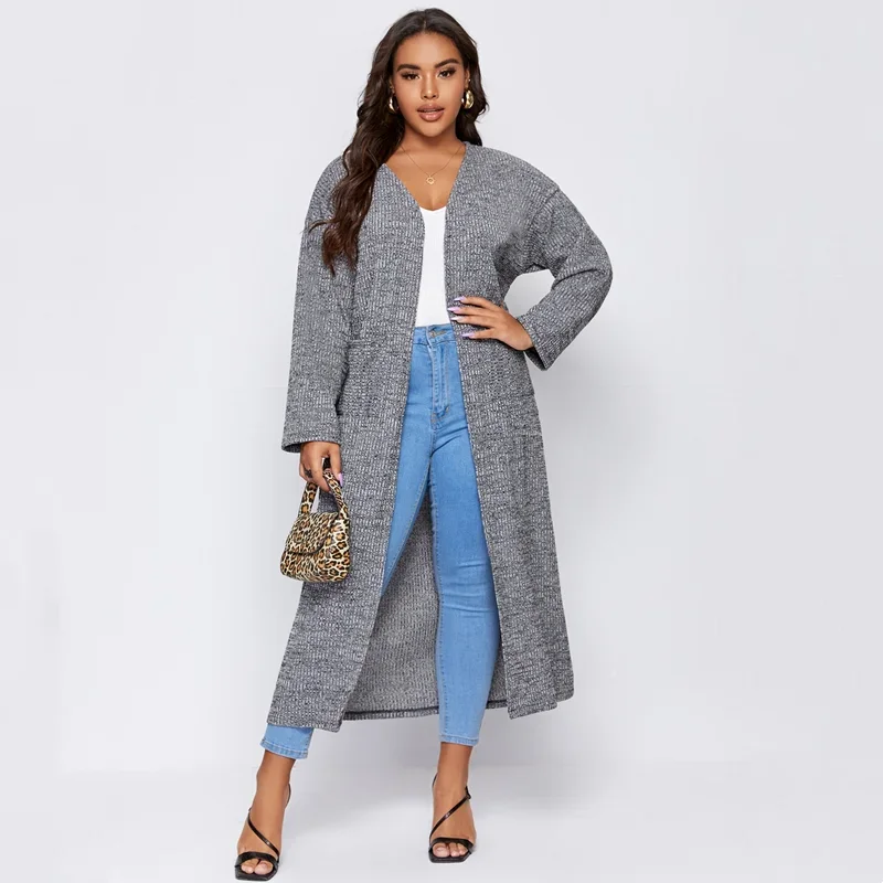 

Plus Size Long Sleeve Elegant Spring Autumn Maxi Cardigans Women Pocket Sides Loose Open Front Duster Jacket Large Size Coat 6XL