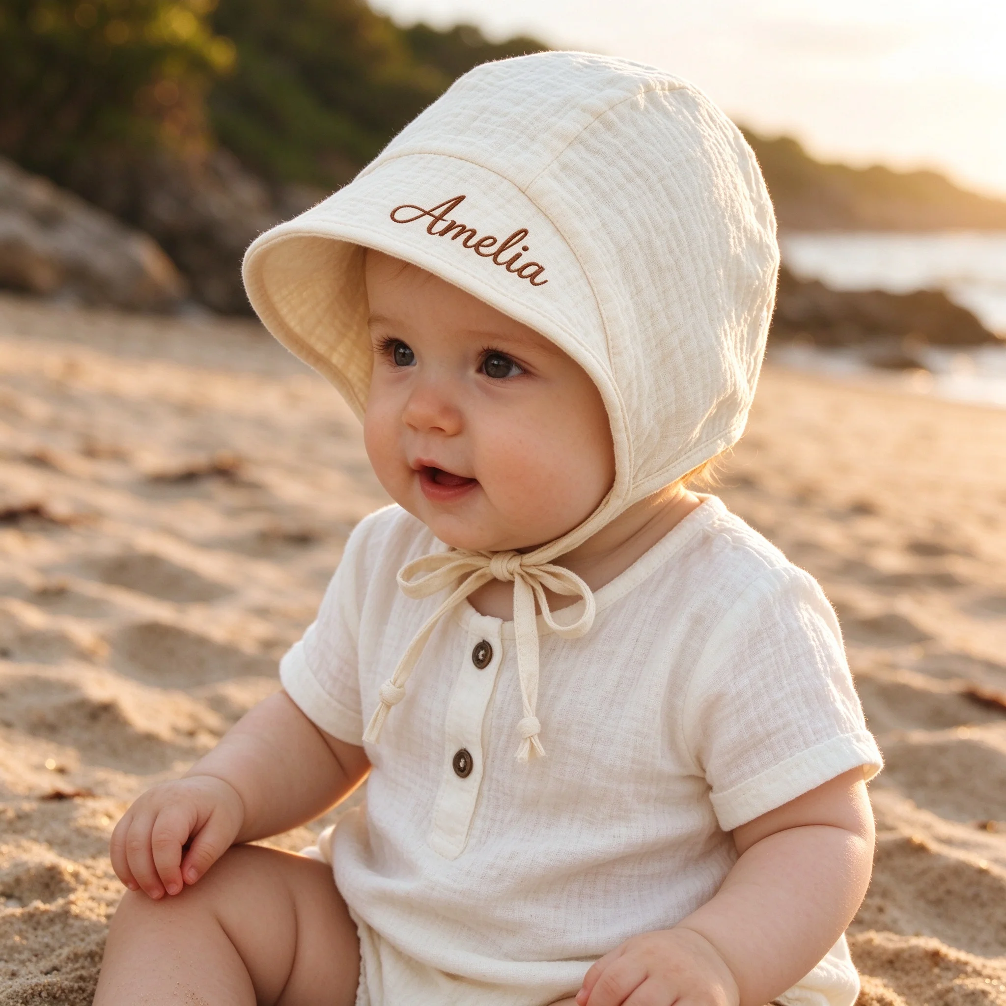 Personalized Embroidered Name Baby Sun Hat Muslin Cotton Wide Brim Newborn Boys Girls Summer Beach Baby Shower Gift 0-6M