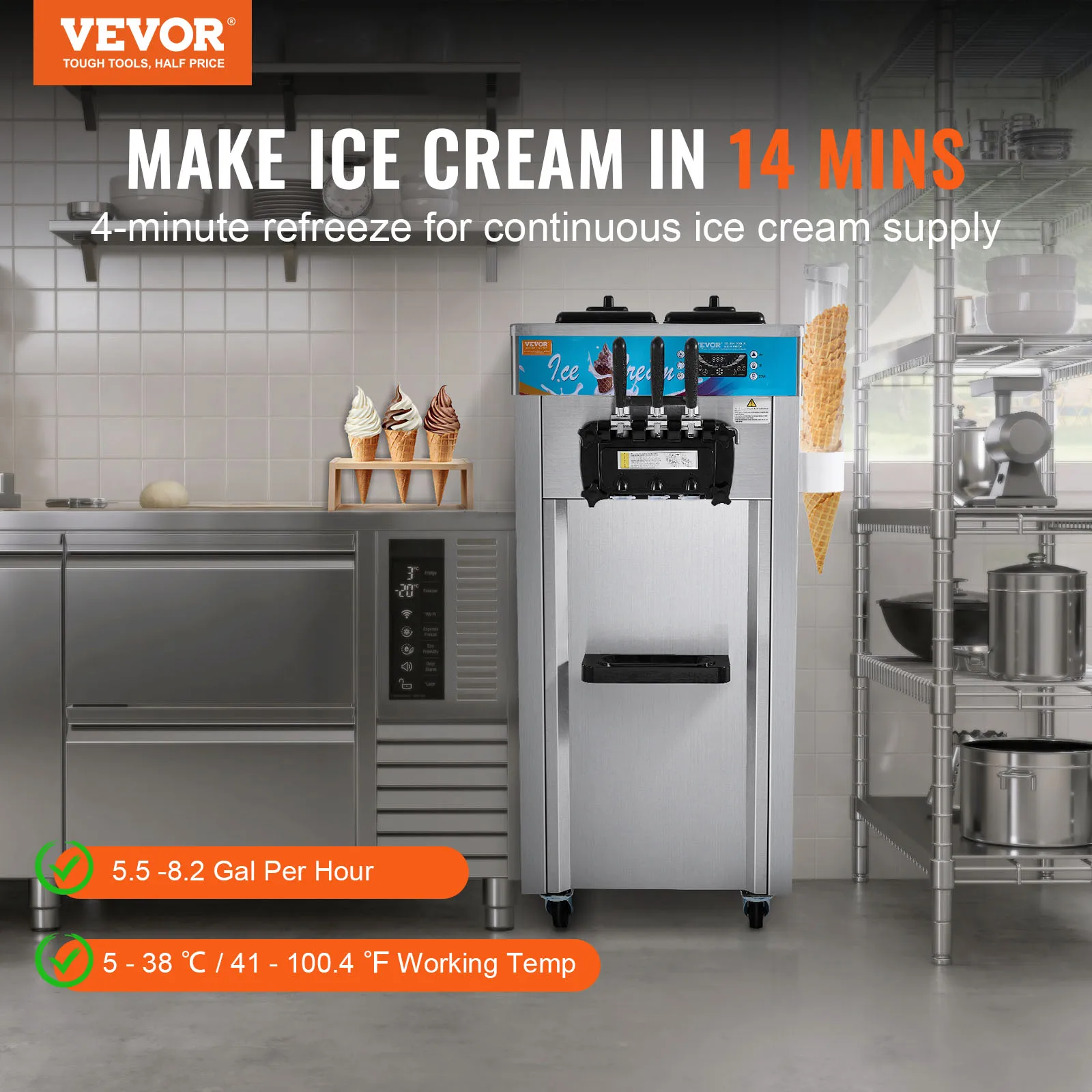 VEVOR Commercial Ice Cream Machine,21-31 L/H Yield,1800W 3-Flavor Freestanding Soft Serve Ice Cream Maker,Auto Clean Pre-cooling