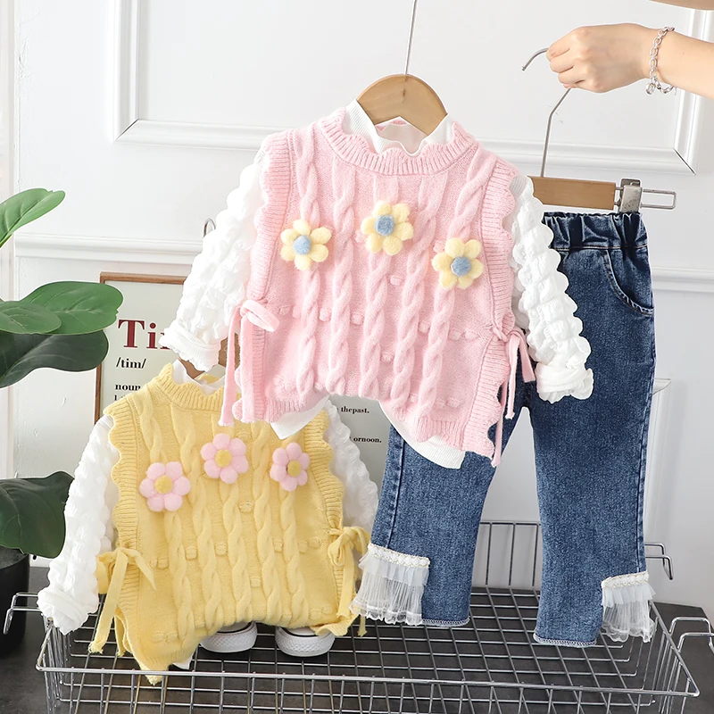 Baby Girls Clothing Sets Autumn Children Knitted Vest T Shirt Lace Jeans Floral Princess Clothes Infant Outfits Kids Tracksuit