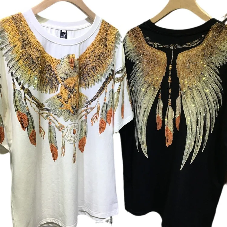 L-4XL Big Size Print Both Side Eagle Rhinestones Top Oversize T-shirts Women Loose Short Sleeve Hip Hop Graphic T Shirts Lady