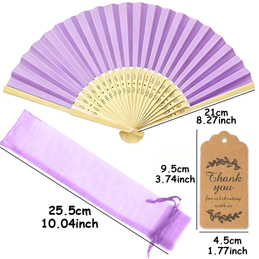 30pcs Purple Elegant Folding Hand Fan Set, Includes Thank You Card Gift Bag Bamboo Hand Fan Wedding Decor Summer Accessory