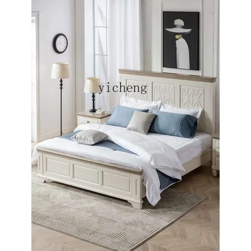 Pure Solid Wood Bed French Two-color Light Luxury Homestay Carved Master Bedroom Wedding Bedx31x6