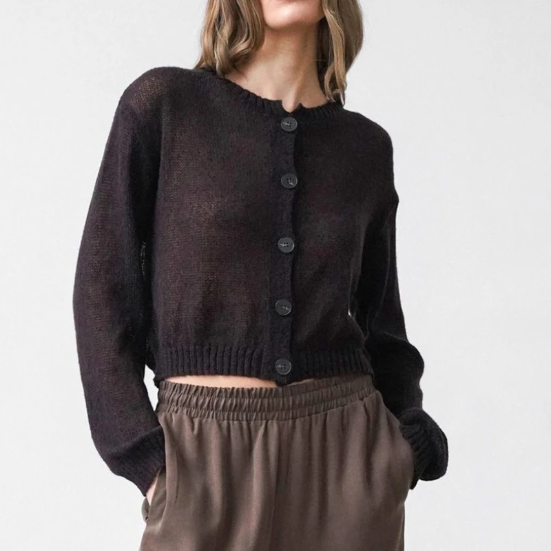 Solid Color Simple Knitted Cardigan 2025 Autumn New Lazy Style Versatile Casual Round Neck Sweater for Women