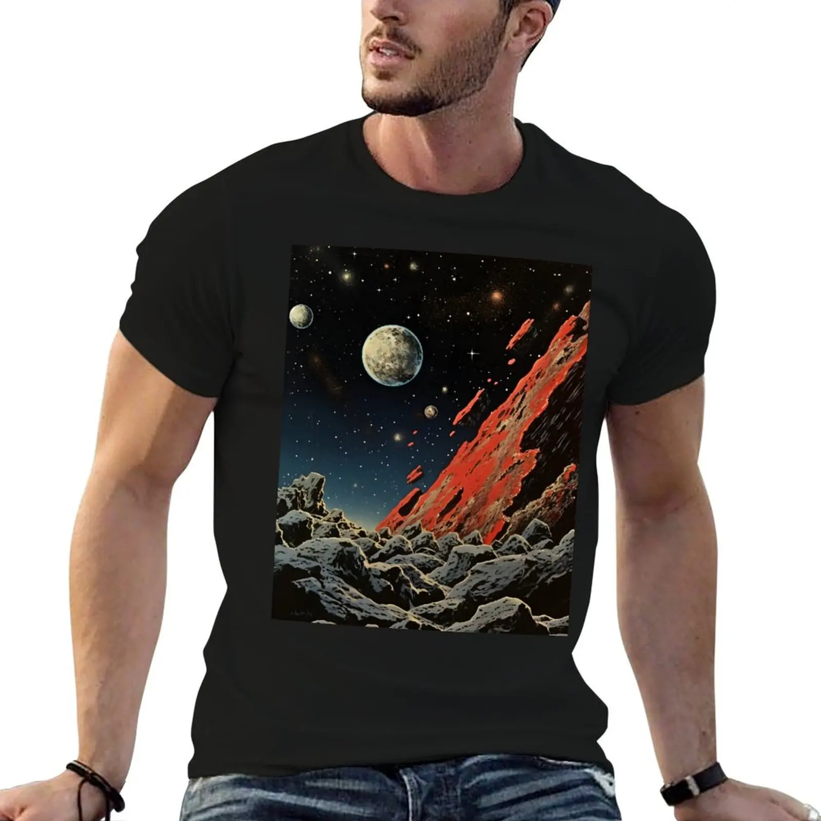 Cosmic Landscape of Asteroid Surface, Planets and Shining Stars T-Shirt anime figures cotton graphic tees mens graphic t-shirts