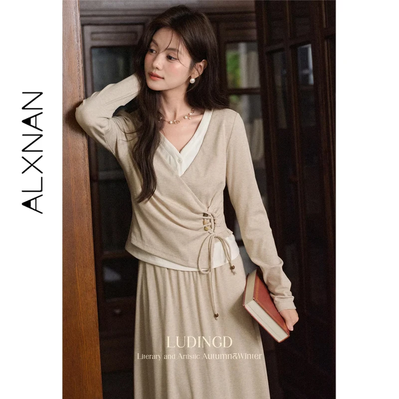 ALXNAN حجم كبير تنورة دقيق الشوفان عادية طويلة مرونة الخصر ألف خط التنانير 2025 الخريف أنيقة فضفاضة تناسب مكتب سيدة الملابس D12729