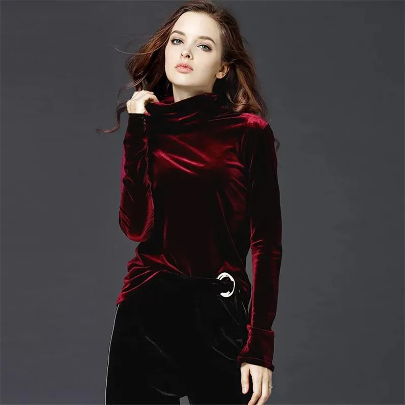 2024 Korean style women Autunm turtleneck velour shirt office lady black green blue Winter velvet Blusas ropa para mujer shirts