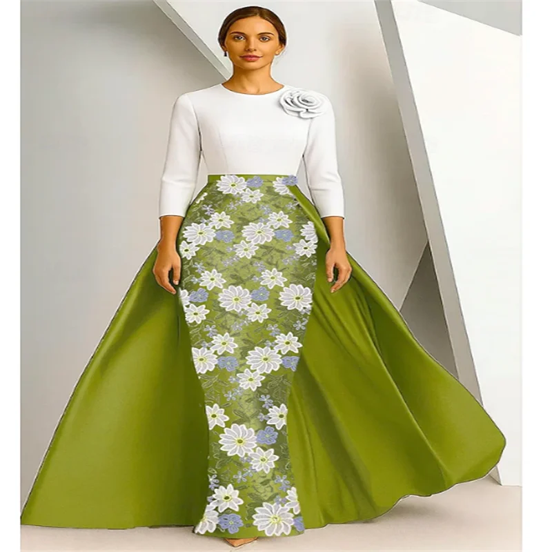 Column Floor Length Mother's Gown Formal Elegant Long Sleeve Crew Neck Capes Lace with Glitter Embroidered Flower Customize