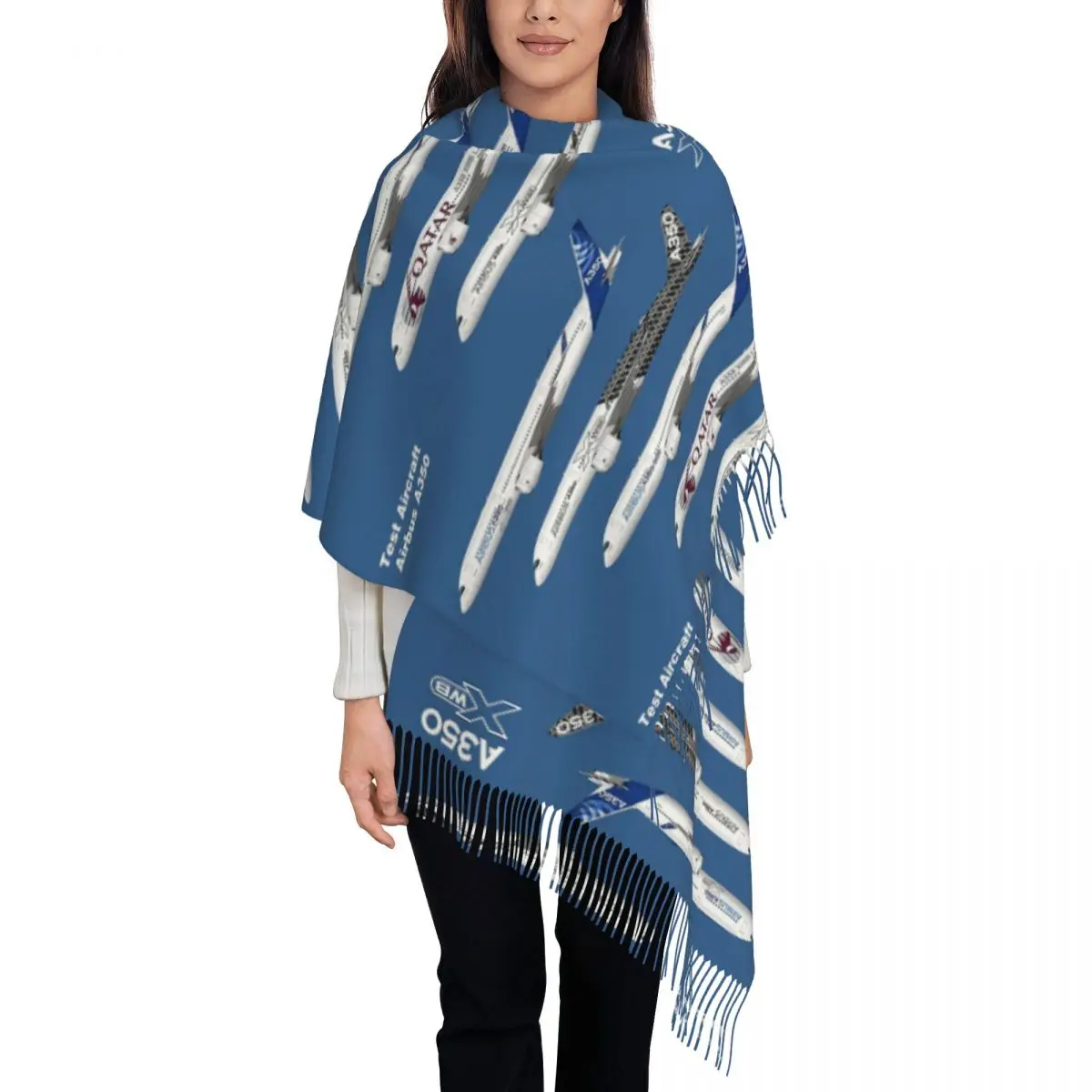 Airbus A350 Test Aircraft Fleet Illustration Scarf Tassel Scarves for Women Soft Warm Shawls and Wraps Fall Winter Shawl Wrap