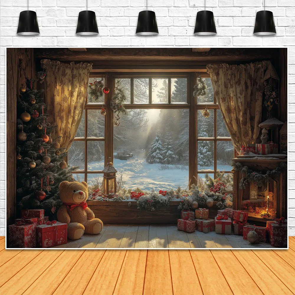 Mocsicka Christmas Backdrops for Photography Snow Forest Outside The Window Winter Xmas Tree Bear Doll Children Photo Background