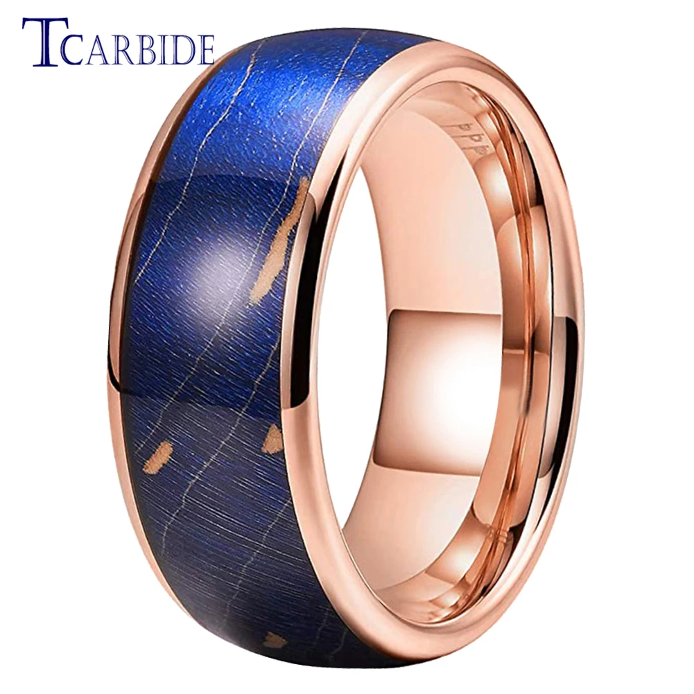 Very Nice 8MM Blue Dyed Elder Wooden Rings Tungsten Jewelry Accessories For Womens Mens  Domed Polished  Comfort Fit