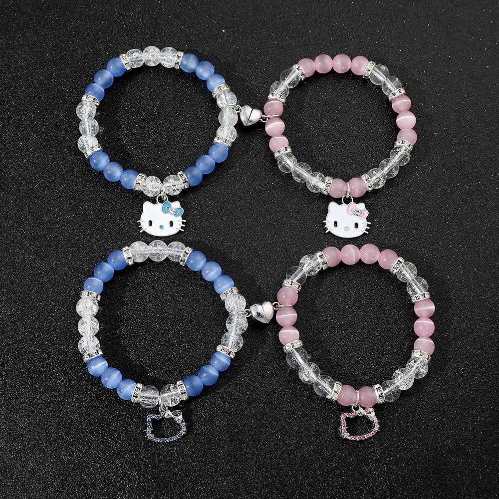 Sanrio Hello Kitty Animal Beaded Bracelet, Creative Heart Magnetic Matching Couple Bracelets for Women and Men, Jewelry, 2Pcs