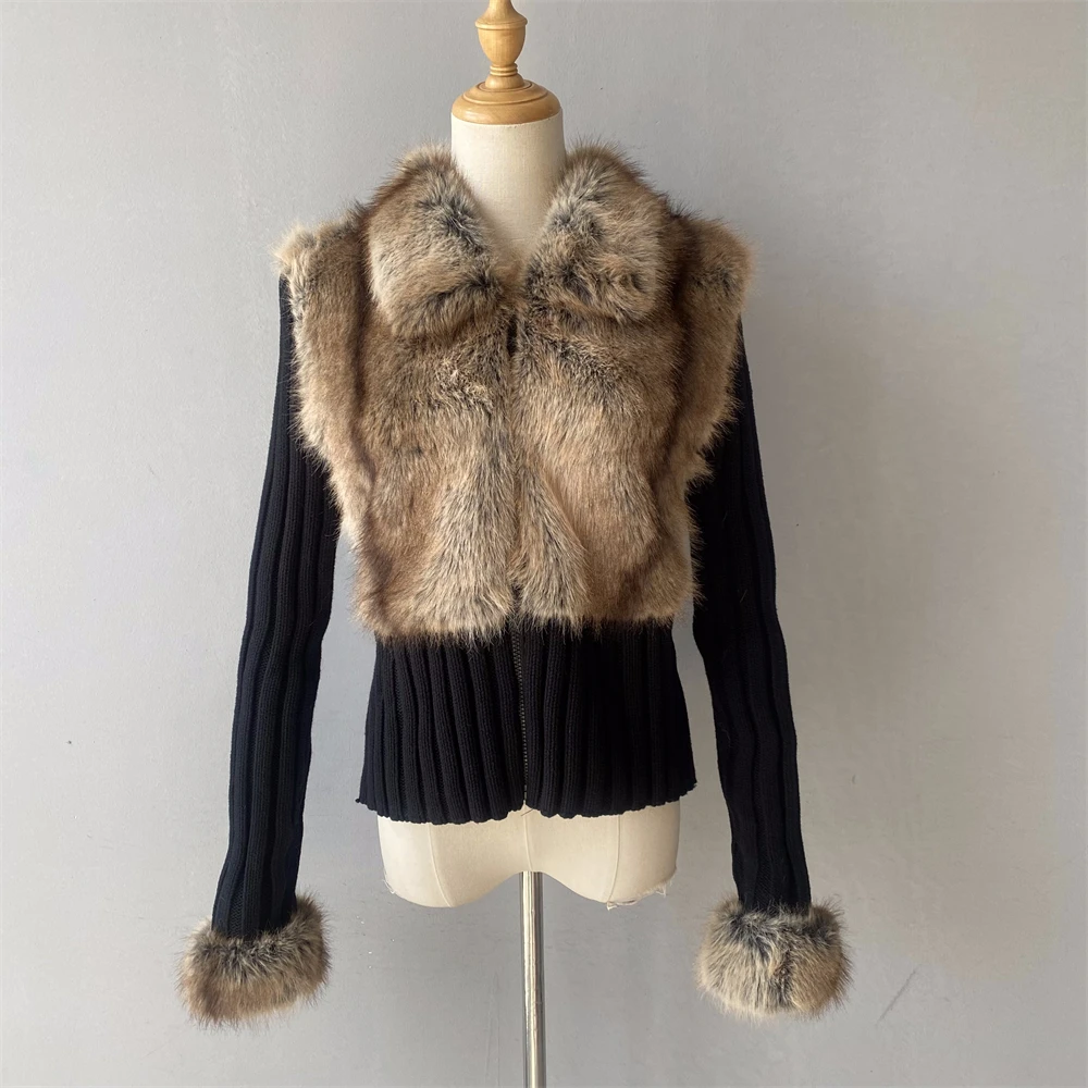 2025Fall Winter New  Women's Spliced Fake Fox Plush Knitted Cardigan Fashion V-neck Full Sleeves Zipper Sweater Female