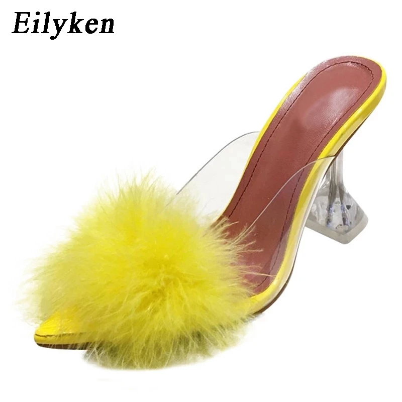 Eilyken Feather Fur PVC Transparent High Heels Woman Slippers Pointed Toe Mules Lady Pumps Slides Stripper White Shoes