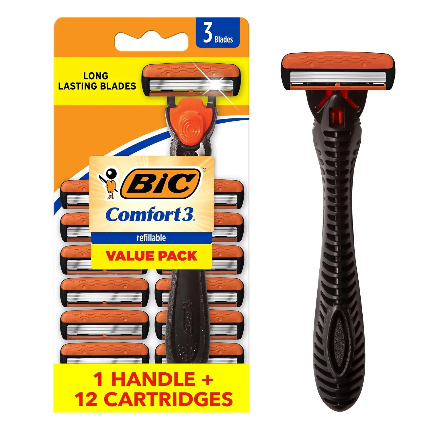 3 Blade Refillable Razor Kit with 12 Cartridges