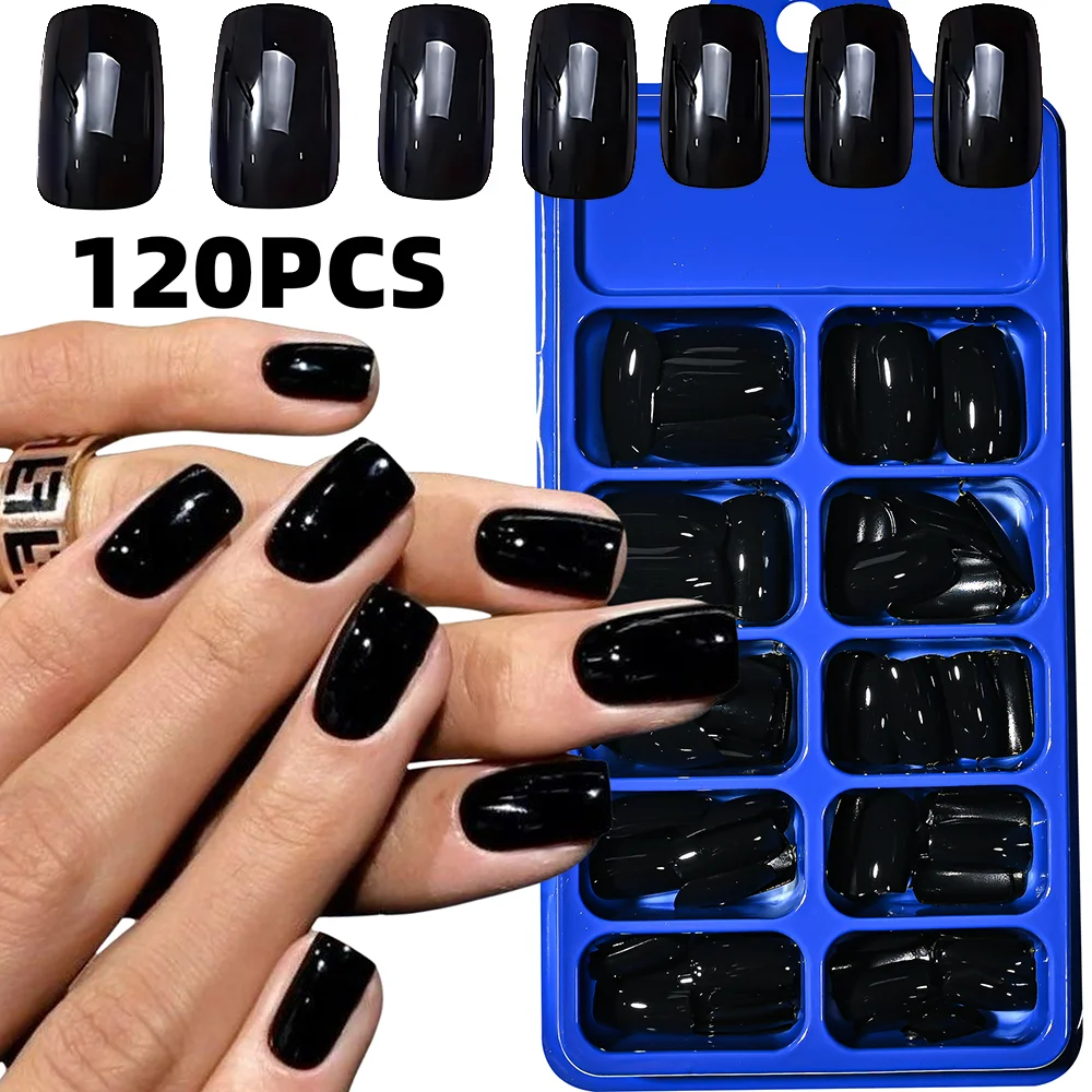 

120Pcs Classic Glossy Black Press on Nails Full Cover Short Square Reusable False Fingertips Simple Wearable Acrylic Fake Nails