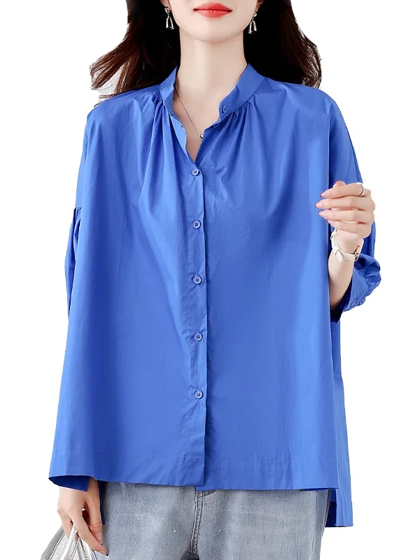 Top da donna allentato in cotone blu irt primavera estate nuovo arrivo Ele Sle colore puro ort Sve abbottonato