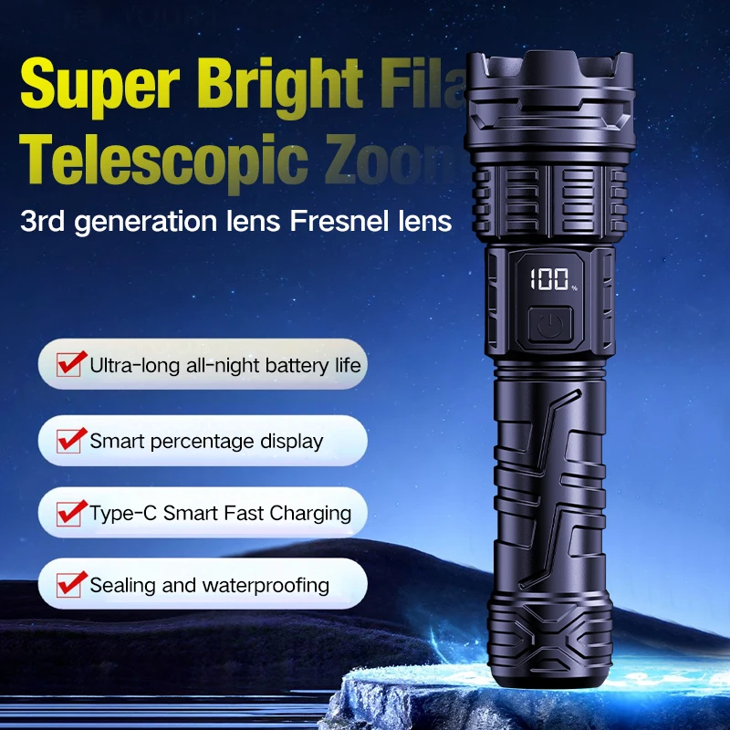 New flashlight with strong light, ultra bright charging, outdoor zoom LED, household small portable emergency flashlight