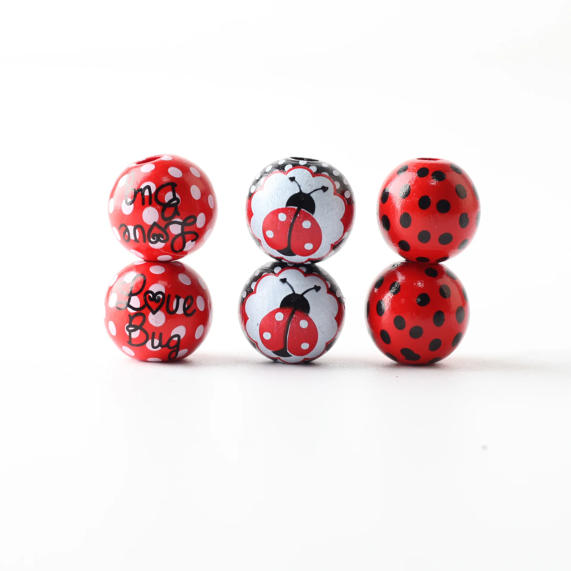 New 16mm 20Pcs/Pack Ladybug Print Wood Round Beads Crafts Beaded Necklace Bracelet DIY Perforated Jewelry Custom Accessories